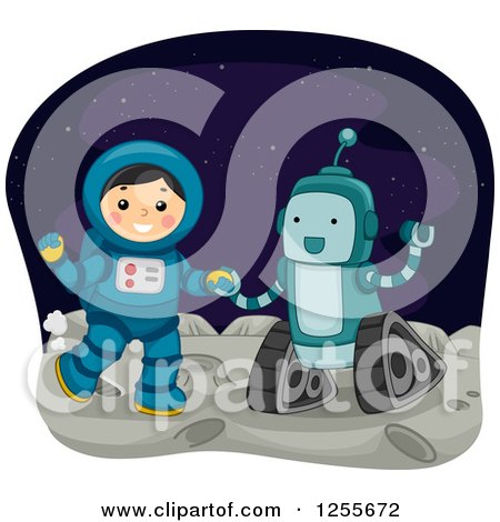 Clipart of a Boy Astronaut and Robot on the Moon - Royalty Free Vector Illustration by BNP Design Studio