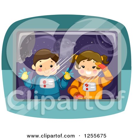 Clipart of a Boy and Girl Astronaut Looking Through a Window - Royalty Free Vector Illustration by BNP Design Studio