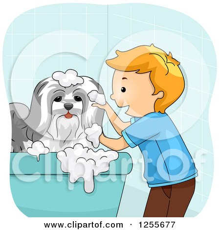 Clipart of a Happy White Boy Bathing His Dog - Royalty Free Vector Illustration by BNP Design Studio