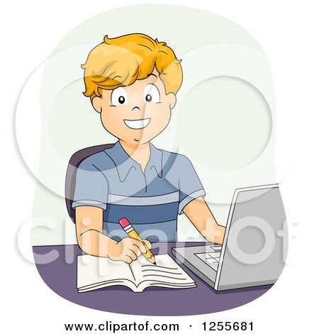 Clipart of a Happy White School Boy Taking Notes and Studying on a Laptop Computer - Royalty Free Vector Illustration by BNP Design Studio