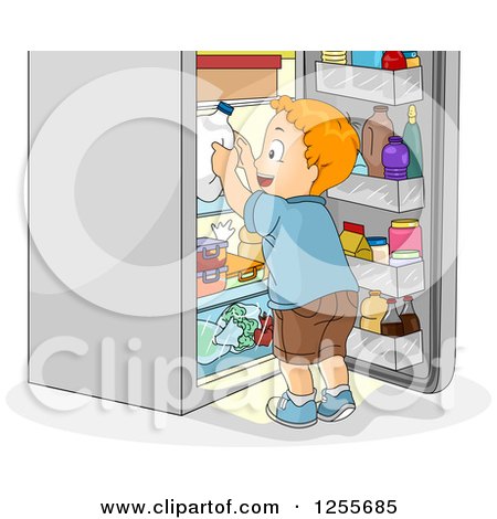 Clipart of a Red Haired White Boy Grabbing Milk from a Fridge - Royalty Free Vector Illustration by BNP Design Studio