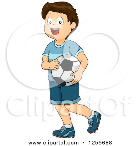 Clipart of a Happy Brunette White Boy Carrying a Soccer Ball - Royalty Free Vector Illustration by BNP Design Studio