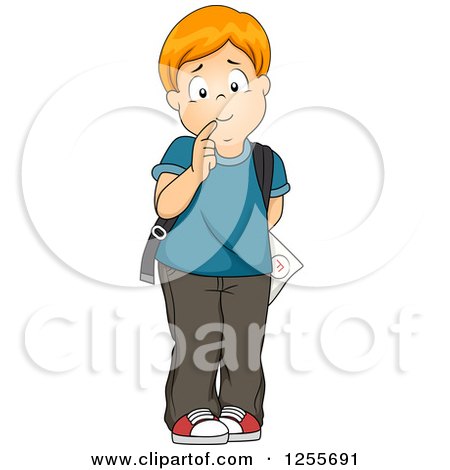 Clipart of a Worried School Boy Hiding a Test Behind His Back - Royalty Free Vector Illustration by BNP Design Studio