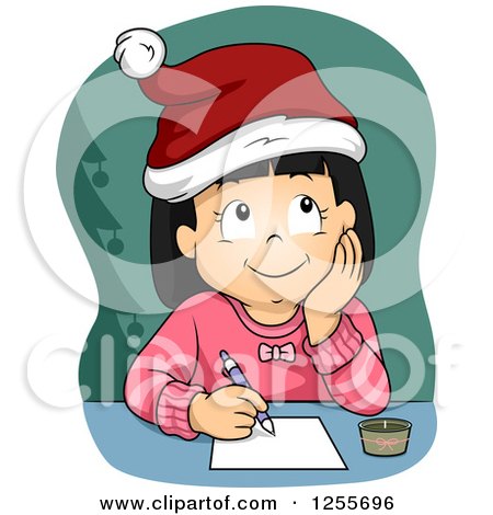 Clipart of a Thinking Girl Wearing a Santa Hat and Writing a Christmas List - Royalty Free Vector Illustration by BNP Design Studio