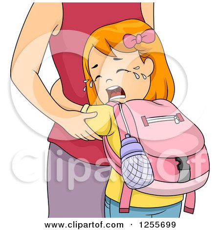 Clipart of a Red Haired White School Girl Crying and Hugging Her Mom - Royalty Free Vector Illustration by BNP Design Studio