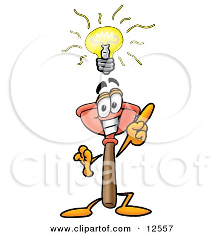 Clipart Picture of a Sink Plunger Mascot Cartoon Character With a Bright Idea by Mascot Junction