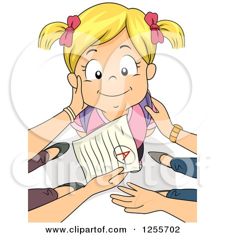 Clipart of a Blond White Girl Looking up at Her Proud Parents with a Good Report Card - Royalty Free Vector Illustration by BNP Design Studio