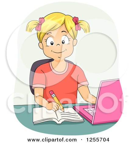 Clipart of a Blond White School Girl Studying with a Pink Laptop - Royalty Free Vector Illustration by BNP Design Studio