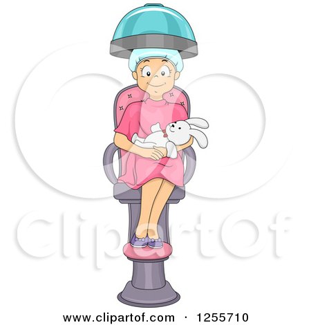 Clipart of a Happy Whiet Girl Holding a Stuffed Rabbit and Sitting in a Salon Dryer - Royalty Free Vector Illustration by BNP Design Studio