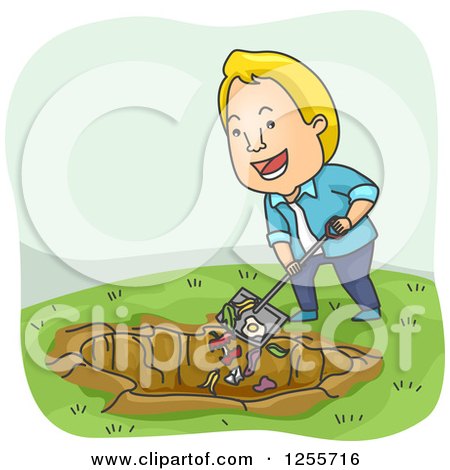 Clipart of a Blond White Man Shoveling Scraps into a Compost Pit - Royalty Free Vector Illustration by BNP Design Studio