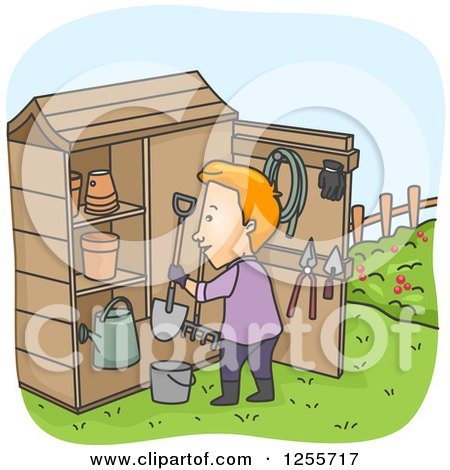 Clipart of a Red Haired White Man at a Garden Tool Shed - Royalty Free Vector Illustration by BNP Design Studio