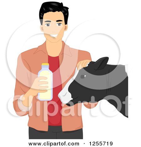 Clipart of a Happy Black Haired Man Holding a Bottle of Milk and Petting a Cow - Royalty Free Vector Illustration by BNP Design Studio