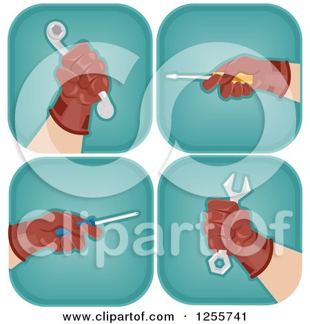 Clipart of a Blue Square Hands Holding Tools Icons - Royalty Free Vector Illustration by BNP Design Studio