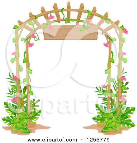 Clipart of a Garden Trellis with a Pink Floral Vine and Sign - Royalty Free Vector Illustration by BNP Design Studio