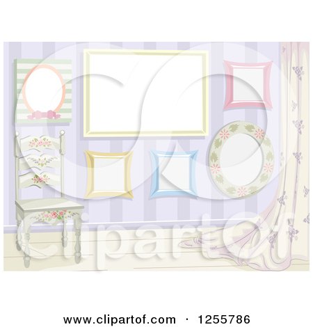 Clipart of a Shabby Chic Room with a Chair Drapes and Frames - Royalty Free Vector Illustration by BNP Design Studio