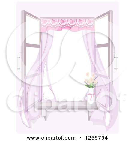 Clipart of a Shabby Chic Window with a Breeze, Flowers and Drapes - Royalty Free Vector Illustration by BNP Design Studio
