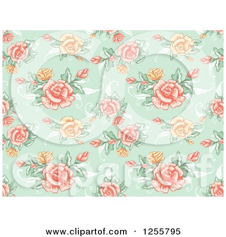 Clipart of a Vintage Seamless Green Rose Background Pattern - Royalty Free Vector Illustration by BNP Design Studio