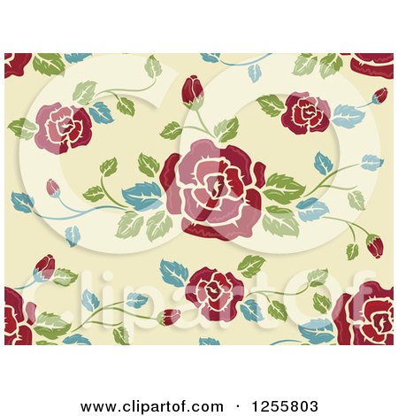 Clipart of a Seamless Background Pattern of Red Roses on Pastel Green - Royalty Free Vector Illustration by BNP Design Studio