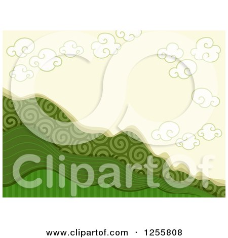 Clipart of a Background of Patterned Green Mountains Under a Sky with Clouds - Royalty Free Vector Illustration by BNP Design Studio