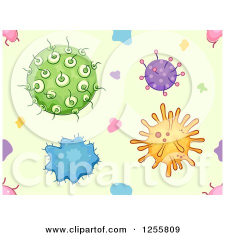 Clipart of a Green Seamless Background Pattern with Colorful Bacteria - Royalty Free Vector Illustration by BNP Design Studio