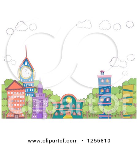 Clipart of Colorful Eclectic Buildings and Lush Trees with Sky Text Space - Royalty Free Vector Illustration by BNP Design Studio
