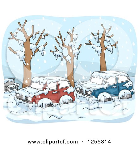 Clipart of Cars Parked on the Street After a Blizzard - Royalty Free Vector Illustration by BNP Design Studio