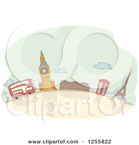 Clipart of a Sketched London Street Scene with a Double Decker Bus and Architecture - Royalty Free Vector Illustration by BNP Design Studio