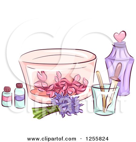 Clipart of a Still Life of Herbal Oils Flowers and Perfume Accessories - Royalty Free Vector Illustration by BNP Design Studio