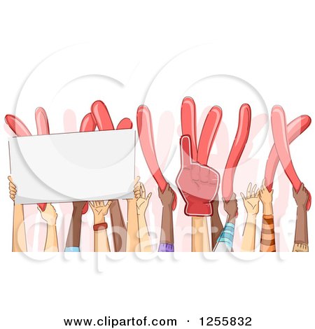 Clipart of Hands of Party Goers with Foam Fingers and Balloons with a Sign - Royalty Free Vector Illustration by BNP Design Studio