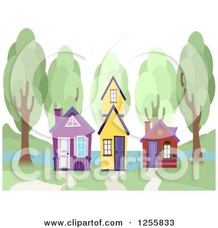 Clipart of Three Colorful Small Houses and Trees on a Lake - Royalty Free Vector Illustration by BNP Design Studio