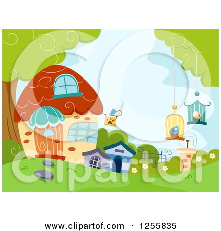 Clipart of a Cute Cottage or Pet Shop with Bird Cages - Royalty Free Vector Illustration by BNP Design Studio