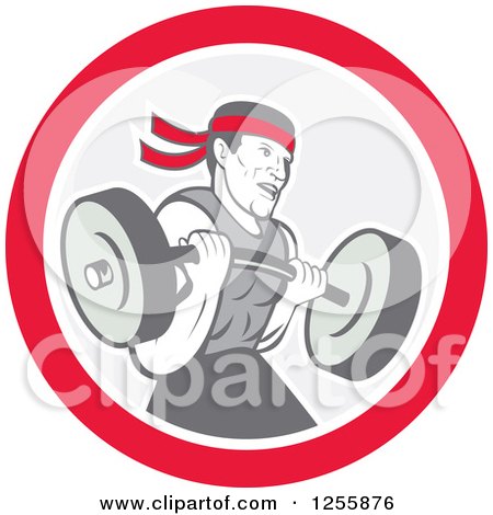 Clipart of a Cartoon Male Bodybuilder Working out with a Barbell in a Circle - Royalty Free Vector Illustration by patrimonio
