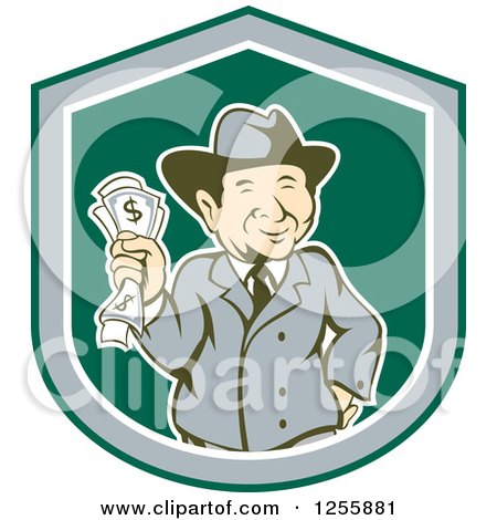 Clipart of a Happy Rich Man Holding Cash Money in a Shield - Royalty Free Vector Illustration by patrimonio