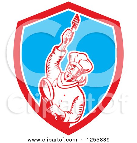 Clipart of a Retro Woodcut Revolutionary Chef with a Spatula and Frying Pan in a Shield - Royalty Free Vector Illustration by patrimonio