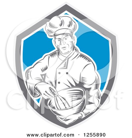 Clipart of a Retro Woodcut Male Chef Mixing in a Shield - Royalty Free Vector Illustration by patrimonio