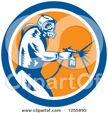 Clipart of a Retro Woodcut Painter Using a Spray Gun in a Blue White and Orange Circle - Royalty Free Vector Illustration by patrimonio