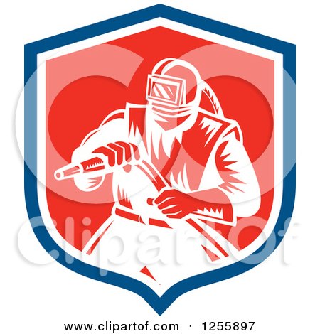 Clipart of a Retro Woodcut Sandblaster in a Shield - Royalty Free Vector Illustration by patrimonio