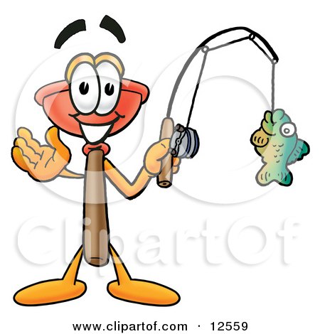 Clipart Picture of a Sink Plunger Mascot Cartoon Character Holding a Fish on a Fishing Pole by Mascot Junction