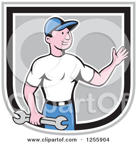 Clipart of a Cartoon Male Mechanic Holding a Spanner Wrench and Waving in a Shield - Royalty Free Vector Illustration by patrimonio