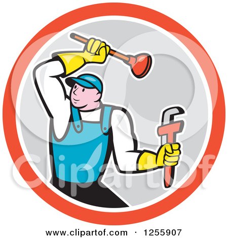 Clipart of a Cartoon Male Plumber with Tools in a Circle - Royalty Free Vector Illustration by patrimonio