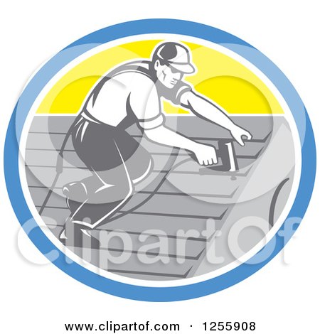 Clipart of a Retro Male Roofer Working in a Yellow Blue and White Oval - Royalty Free Vector Illustration by patrimonio