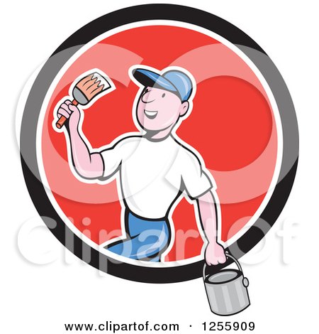 Clipart of a Cartoon Male House Painter with a Bucket and Brush in a Circle - Royalty Free Vector Illustration by patrimonio