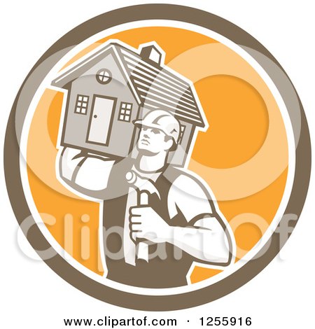 Clipart of a Retro Male Home Builder Carrying a House and Hammer in a Circle - Royalty Free Vector Illustration by patrimonio