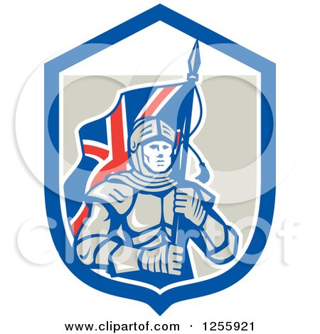 Clipart of a Retro Knight with a Union Jack Flag in a Shield - Royalty Free Vector Illustration by patrimonio