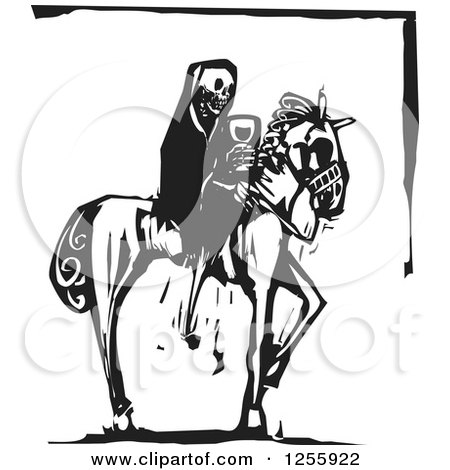 Black and White Woodcut Death Skeleton on Horseback with Wine Posters, Art Prints