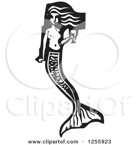 Clipart of a Black and White Woodcut Mermaid with a Goblet of Wine - Royalty Free Vector Illustration by xunantunich