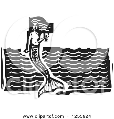 Clipart of a Black and White Woodcut Mermaid with a Goblet of Wine over Waves - Royalty Free Vector Illustration by xunantunich