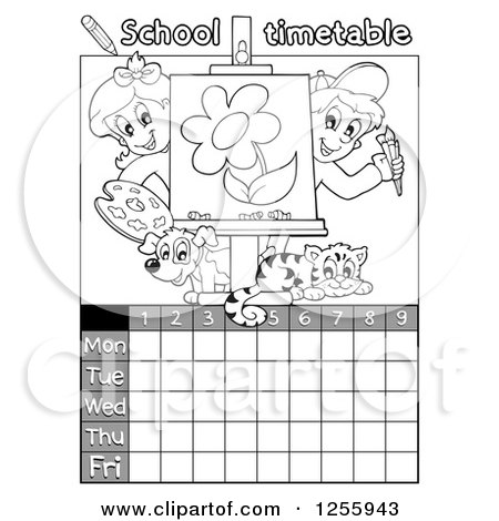 Clipart of a Grayscale School Timetable with Children, Art and Animals - Royalty Free Vector Illustration by visekart