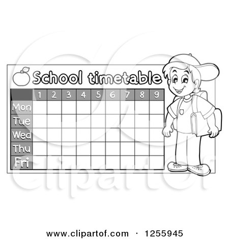 Clipart of a Grayscale School Timetable with a Boy - Royalty Free Vector Illustration by visekart