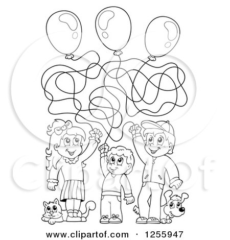 Clipart of Black and White Happy Children Playing with Balloons a Cat and Dog - Royalty Free Vector Illustration by visekart